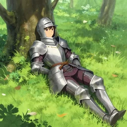a female knight resting in a glade, vanillaware artwork, george kamitani
