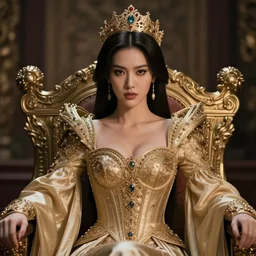 portrait of a fierce beautiful young asian queen with medium length hair, sitting on her throne, highly detailed, intricate, elegant, hyperrealism, digital art by ross tran and artgerm and greg rutkwowski