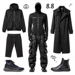 product design poster, fashion design, avantgarde yeezy moncler rick owens the matrix clothing and foot wear, white background, hand drawn c 8. 8