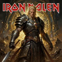 Elden Ring and Doom themed painting of Iron Maiden Eddie, dark fantasy matte painting movie poster, golden ratio, trending on cgsociety, intricate, majestic, dark epic fantasy, trending on artstation, by Derek Riggs, H.R. Giger and Darius Zawadzki, highly detailed, vibrant, cinematic quality character render; low angle; ultra high quality model; production quality cinema model