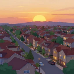 a neighborhood, cartoon art style, sunset