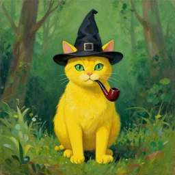 something from the 6 0 s, yellow cat with two legs, in witch hat, with pipe, green eyes, nature in background, painted by greg rutkowski,