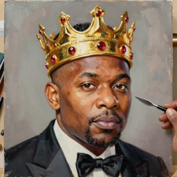 palette knife oil painting portrait of 5 0 cent, a king - with gold crown with rubies, man in mafia wear and australian aboriginal body paint, concrete balcony, nightclub, artstation trending, artgerm, any racial background, deviant art, hipster, octane, substance, art history 8 k
