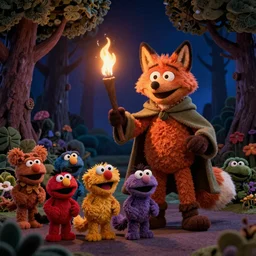 a large druid fox muppet wearing a cloak holding a lit torch and herding a bunch of random muppet animals following behind through a dark felt forest at night, sesame street, photograph, photography, ultrarealistic, national geographic