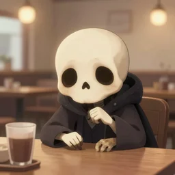 an empathetic death from the'the sandman ', realism, soft lighting, cute, kindness, cafe