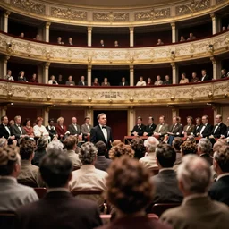 Photo of crowd at 1944 opera with one person colorized