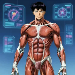 anime style of anatomically correct innards, muscles, cyborg armor, retro scifi interface screens