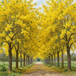 an infinite archway tunnel of golden laburnum trees in bloom painted by carle vernet