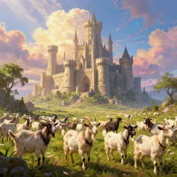 a herd of goats! in a beautiful fantasy castle, medieval citadel, medieval cathedral, many goats, magic, tall towers, gorgeous clouds, colorful, sunrays, digital painting, landscape, octane render, unreal engine, high detail, very realistic, by greg rutkowski. by james gurney