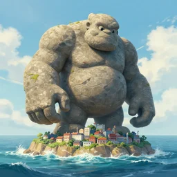 friendly stone giant standing in sea protecting small island city from tidal wave, low angle, concpet art, digital painting, high detail