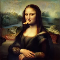 mona lisa eats pizza, oil painting