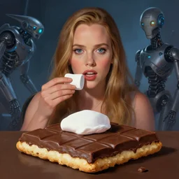 drew barrymore in a smore, chocolate, marshmallow graham cracker, bionix scifi alexandre ferra, digital painting by arcimboldo