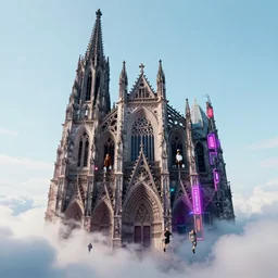 a ruined gothic cathedral floating above the clouds dan mumford and josan gonzalez and simon stalenhag, cyberpunk, vibrant, neon signs, high contrast, light blue sky
