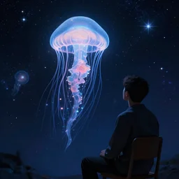 over the shoulder photo of a man sitting on a chair while watching a magical glowing jellyfish in cosmic stardust, stars, galaxies, space, award winning photo, intricate, high detail, atmospheric, desolate, artstation