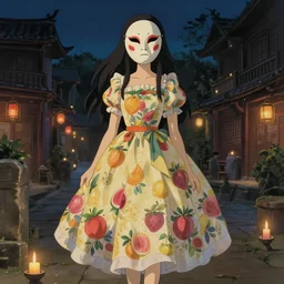 a full body portrait of a young latin woman in a flowery fruit - based dress wearing a chinese mask, night lighting with candles delicate features finely detailed perfect art, at an ancient city, gapmoe yandere grimdark, trending on pixiv fanbox, painted by greg rutkowski makoto shinkai takashi takeuchi studio ghibli