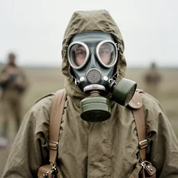man in anti radiation hazmat suit and optical gasmask, ww1 film photo, grainy, high detail, high resolution