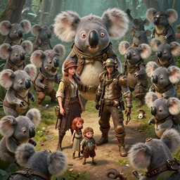 steampunk family fighting a horde of crazy lovecraftian koalas, 3d scene, render, ultra realistic, zenith view, Greg Rutkowski, artstation, cgsociety, unreal engine, ray tracing, detailed illustration, hd, 4k, digital art, overdetailed art, concept art, complementing colors, Trending on artstation, deviantart