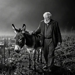 a movie still by tarkovsky of a very big old man walking with his donkey in a swamp mossy, by night, cinestill 8 0 0 t 3 5 mm b & w, heavy grain, high quality, noir, natural textures, photorealistic, ambient occlusion, hd, mud, fog, criterion collection