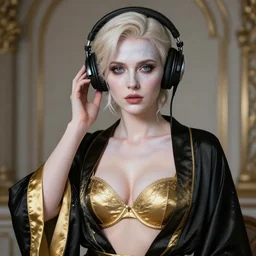 aerith portrait, pale black and gold silk robe and decollete bra, wearing headphones, listening to music, art by artgerm, wlop, loish, ilya kuvshinov, 8 k realistic, hyperdetailed, beautiful lighting, detailed background, depth of field, symmetrical face, frostbite 3 engine, cryengine,