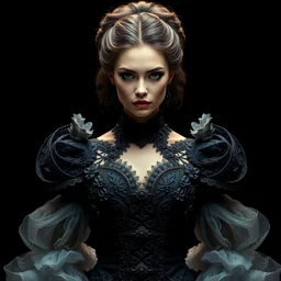 portrait of beautiful female super model, perfect symmetrical pose, sharp, by irakli nadar with intricate detailed wearing victorian dress designed by alexander mcqueen and rocky gathercole, haunting, elite, elegant, ruan jia, dark, hyper detailed, concept art, by gustav klimt, dramatic light setup, clamp shell lighting, sharp focus, very black background, intricate, detailed