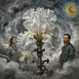 divine chaos engine by karol bak and ruan jia and vincent van gogh, desaturated moody neutral colors, iris van herpen visionary dreamscape, symbolist, james jean spiraling clouds, imagination, daydreams and nightmares, otherworldly, ethereal, fractal lace