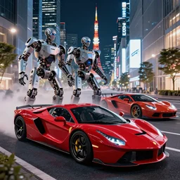 Mechbots designed by Ferrari and Lamborghinis in battle in Tokyo at night by syd mead