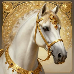 a beautiful horse, gold jewellery, dnd, fantasy, intricate, elegant, highly detailed, digital painting, artstation, concept art, smooth, sharp focus, illustration, art by artgerm and greg rutkowski and alphonse mucha
