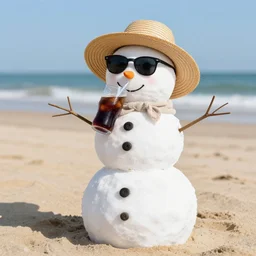 a real snowman! wearing straw hat and sunglasses, relaxing on sandy beach drinking cold soda, ( ), on a beautiful sunny day, photorealistic image ultra detailed, high resolution, trending at artstation