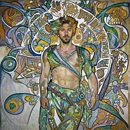 Ryan Gosling wearing green clothes, muscular, fantasy, painting by greg rutkowski and alphonse mucha