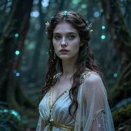 a beautiful greek goddess in a bioluminescent ancient dark forest, greg rutkowski, 8 k, shallow depth of field, ultra high detail, concept art,