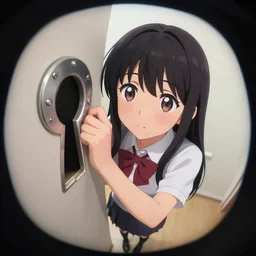 illustration of an anime girl looking through a keyhole, fisheye lens, high quality, chibi art style, 4 k resolution, pixiv, nicoseiga, danbooru, gelbooru, safebooru, album artwork