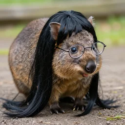 a long black hair wig on a quokka with long black hair and glasses