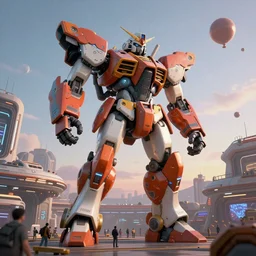 a beautiful hyperrealistic ultradetailed 3 d render of a gigantic mecha guarding a sci - fi spaceport, by stephen fabian : 3, mech, unreal engine, octane render, gigantic, unreal engine, octane render, 3 d, brilliantly coloured, intricate, ultra wide angle, trending on artstation, dusk, volumetric lighting, hdr, polished, micro details, ray tracing, 8 k : 2, people, sphere, balloon, blurry, blur, depth of field, dof, bokeh, obscured, macro : - 1