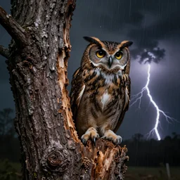 a brown owl with big eyes making a hole in an oak tree during a thunderstorm, ultra realistic, dark colors, dark background, glossy, smooth lighting