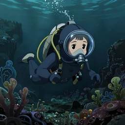 key visual of deepsea diver ; algae ; dark ; cute, drawn by shigenori soejima, finely detailed feature, hadalpelagic zone, trenches, deroo, pixiv top monthly, trending on artstation, cinematic, danbooru, zerochan art, kyoto animation