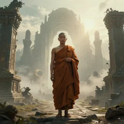 buddhist monk in the Lost city of Atlantis, morning, un rising through eimagined as a cyberpunk dystopia, Hghly detailed digital art