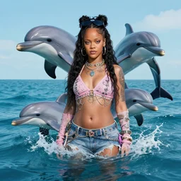 rihanna in the ocean with seapunk dolphins, seapunk, creative photo manipulation, creative photoshop, digital art