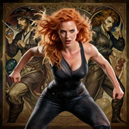 Christina Hendricks, perfectly-centered-photograph of Christina Hendricks, sweaty, dynamic action pose, insane, intricate, highly detailed, Zeiss Lens, artstation, smooth, sharp focus, illustration, Unreal Engine 5, 8K, art by artgerm and greg rutkowski and alphonse mucha