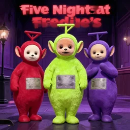 teletubbies at five nights at freddie's, digital painting, movie poster