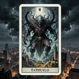 an ultradetailed tarot card of cthulu descending from space, looming ominous over a city, dark thunderstorm, lovecraftian horror, monster from beyond space and time, intricate detail, ultrawide lens, aerial photography, cinematic, 8 k, cel shaded, volumetric lighting, octane render, art by greg rutkowski and albert bierstadt