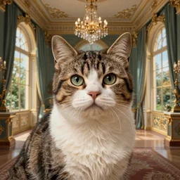 a portrait of a cat in a scenic palace by george stubbs and louis wain, trending on artstation