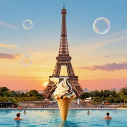 melting eiffel tower icecream, sunset, people swimming in bubbles, painted by james jean and salvador dali