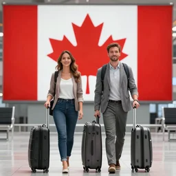 professional photo of a man and a woman carrying luggage at the airport, the canada flag is in the background