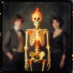 kodak portra 4 0 0, wetplate, motion blur, portrait photo of a backdrop, skelleton, golden 1 9 2 0 s, coloured in orange fire, sparkling, by georges melies and by britt marling, muted colours