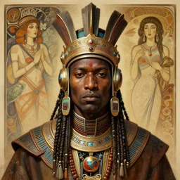 a retro futuristic african tribal chief, art by joseph christian leyendecker, design blocking by alphonso mucha and drew struzan, highly detailed, digital painting, airbrush, concept art, smooth sharp focus, intricate, symmetry,