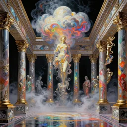 baroque neoclassicist sci - fi colorful chrome marble halls of creation. billowing clouds, iridescent textures. glowing fog, black background. highly detailed fantasy science fiction painting by moebius, norman rockwell, frank frazetta, and syd mead. rich colors, high contrast