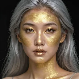 hypperrealistic close-up of beautiful chinese woman with silver hair and shimmery gold skin alberto mielgo