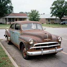 A old rusty Buick parked in the parking lot of an small mid-western town by William Eggleston.
