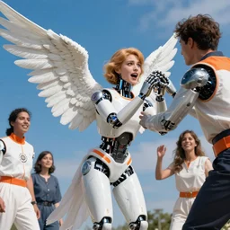 a beautiful robotic angel terrified by an unseen assailant by dan mumford and alberto vargas and josan gonzalez and gil elvgren, vibrant, white outfit, orange details, blue sky