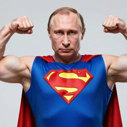 vladimir putin muscular steroids wearing superman costume, flexing biceps, real still photograph close up
